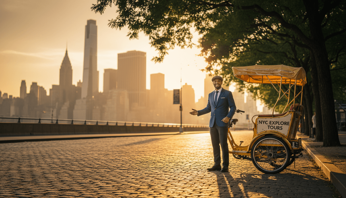 NYC Pedicab Tour Vibe pedicab on a New York City street with guide standing ready to welcome visitors