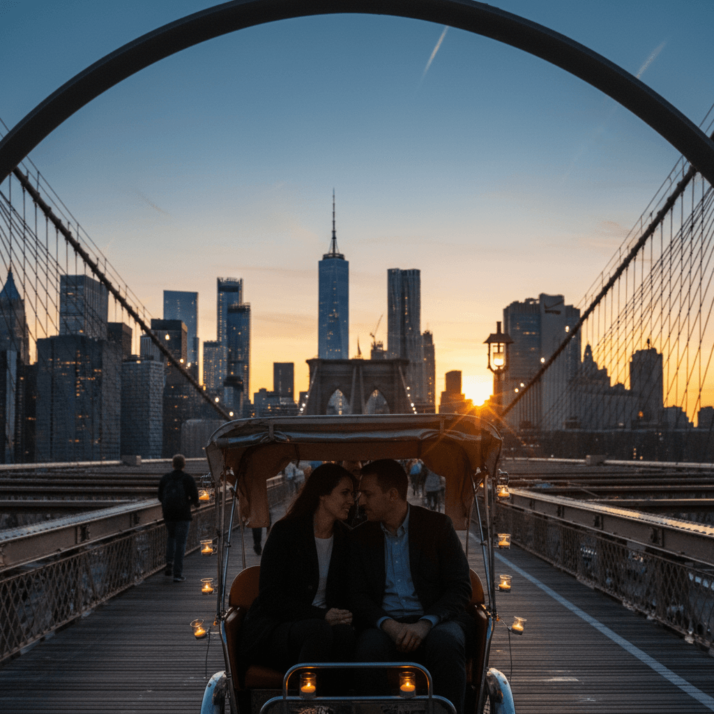 Pedicab crossing Brooklyn Bridge at sunset with Manhattan skyline in view