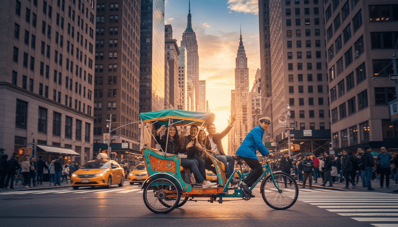 Diverse passengers enjoying a pedicab tour through Manhattan with iconic NYC buildings and street energy in the background