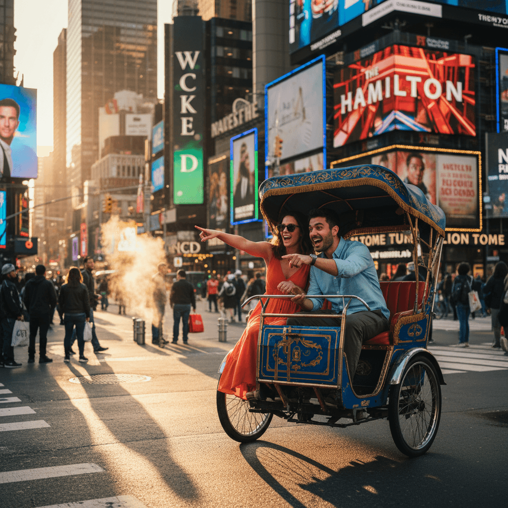 Pedicab at Times Square with passengers exploring the bustling neighborhood