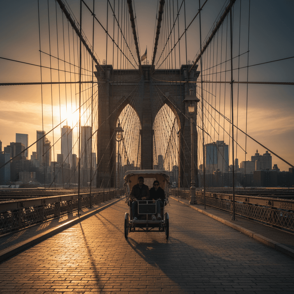 Pedicab tour heading toward Brooklyn Bridge landmark