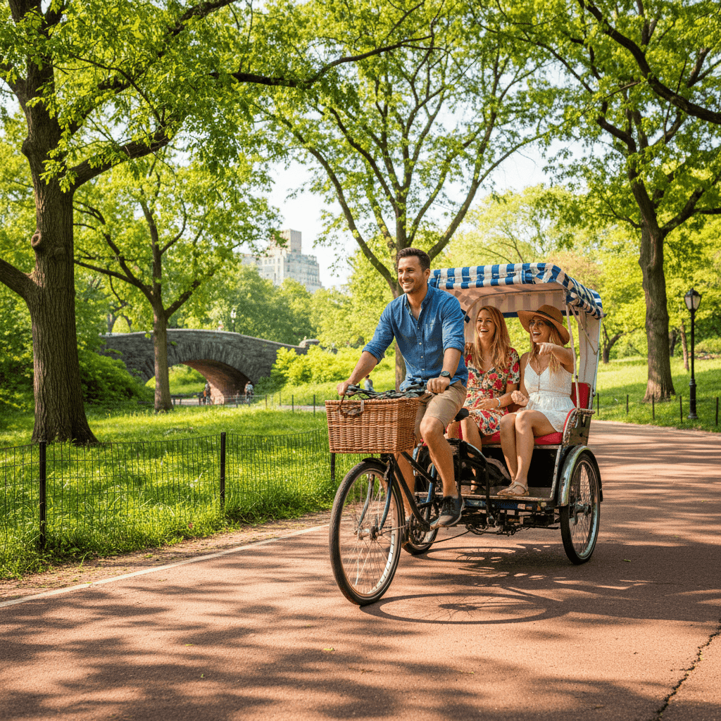 Pedicab with passengers riding through Central Park on a scenic route