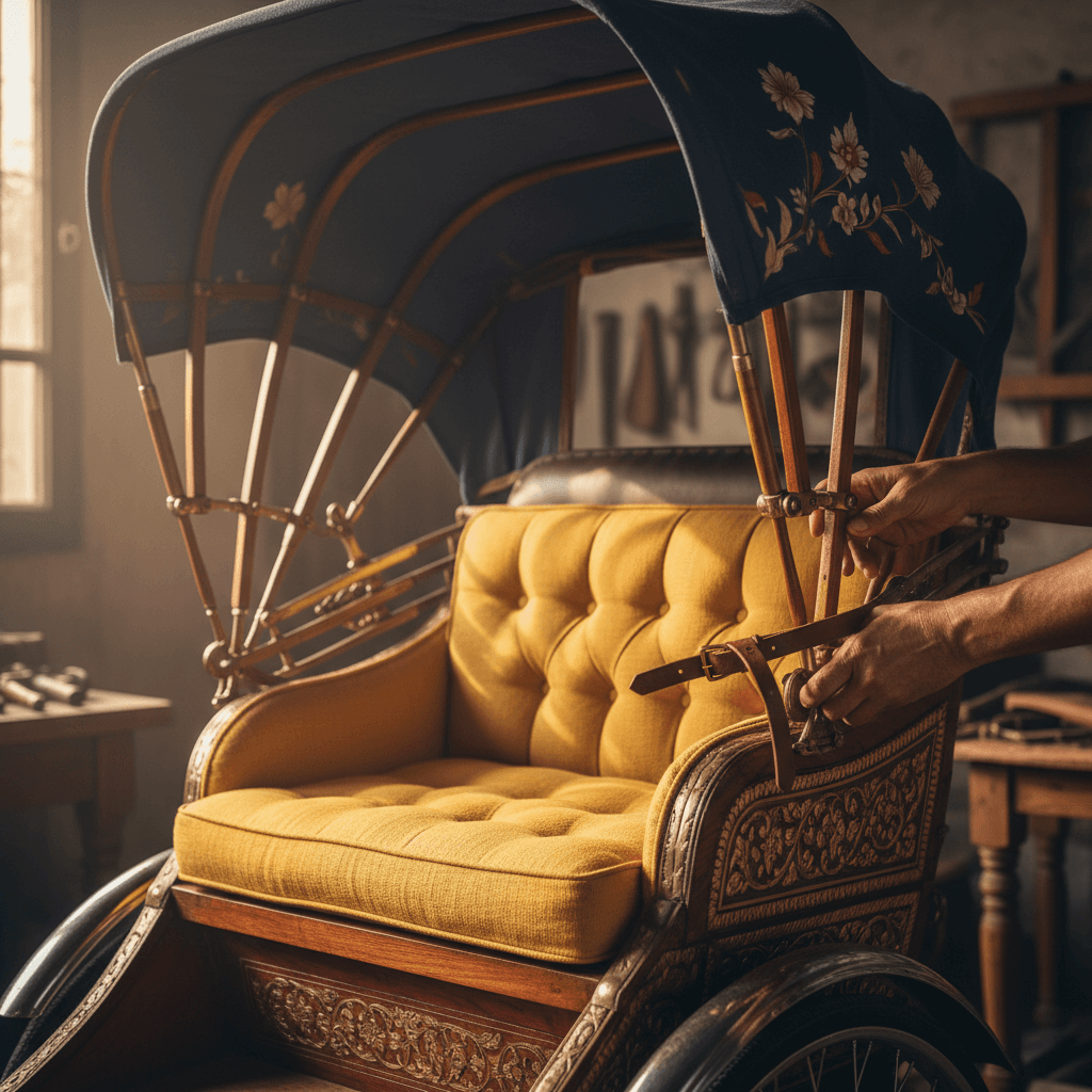 Close-up of pedicab seating and canopy design showing comfort and care