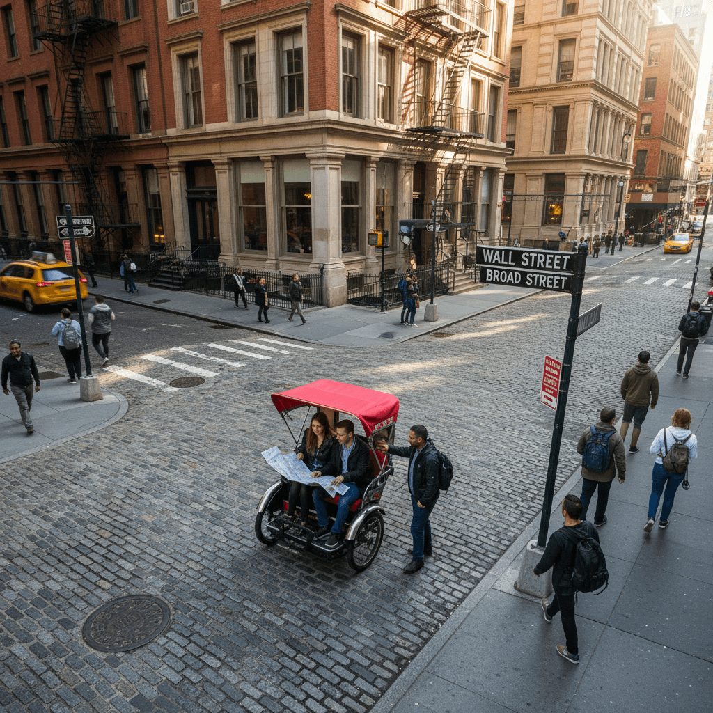 Pedicab ready for full-day tour with passengers reviewing their itinerary