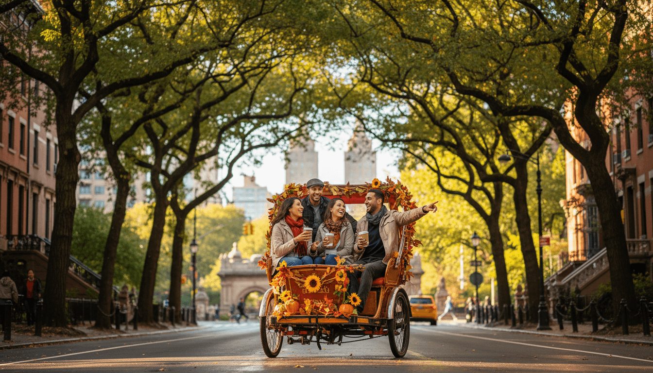 Diverse group of passengers enjoying an NYC pedicab tour through Central Park on a sunny day