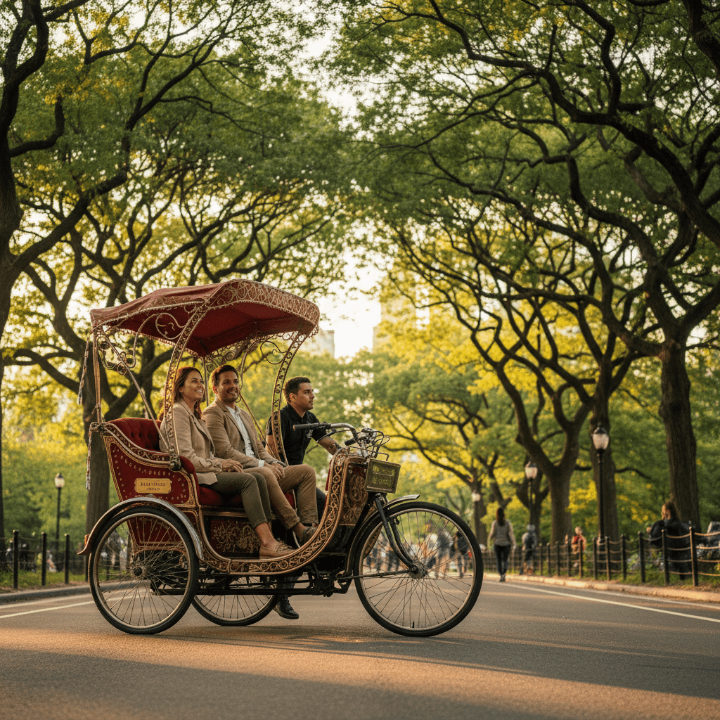 Pedicab touring through Central Park with passengers enjoying the scenery