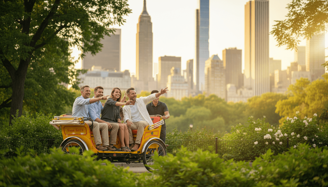 Pedicab with smiling passengers exploring Central Park on a sunny day