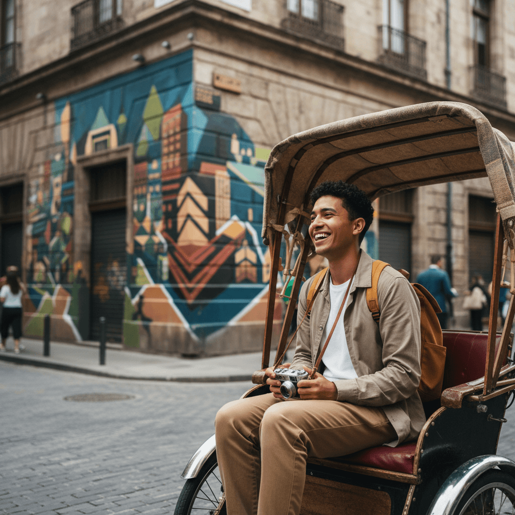Solo traveler in a pedicab looking excited and ready to explore
