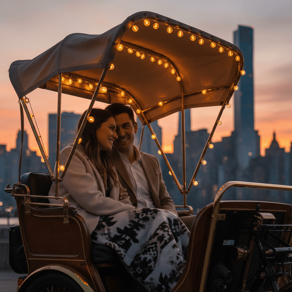 Couple enjoying an evening pedicab ride with city lights in the background