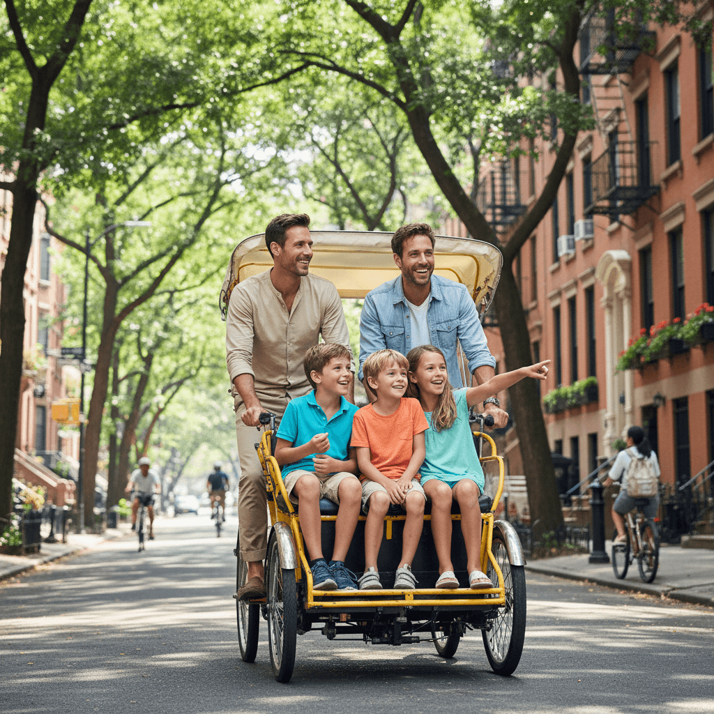 Family of four riding together in a pedicab through neighborhood streets