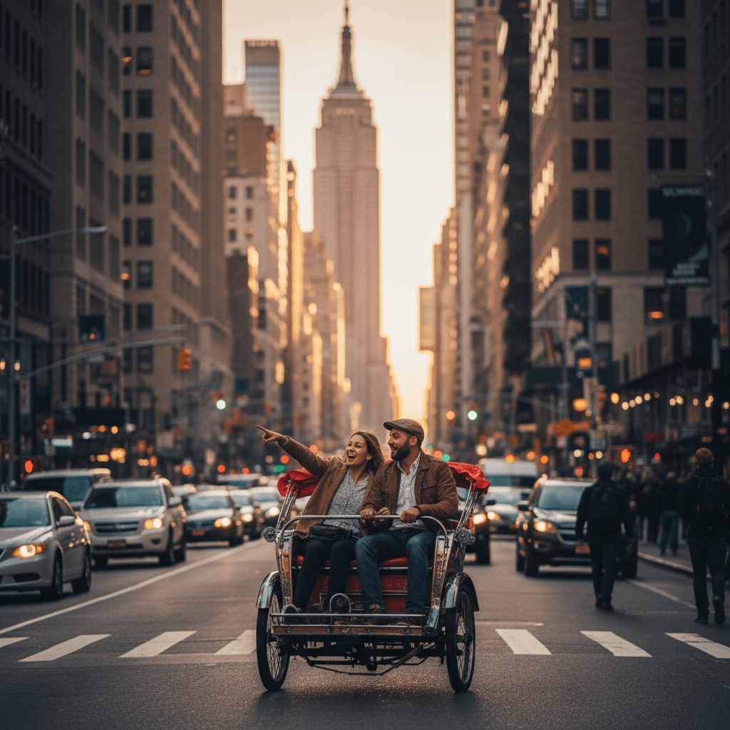 Pedicab passing iconic NYC landmarks with passengers taking photos